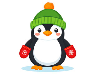 Naklejka premium Stylized Flat Vector Penguin with Winter Hat and Mittens, isolated on a transparent background.