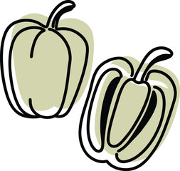 Two green bell peppers with black outlines and light green shapes