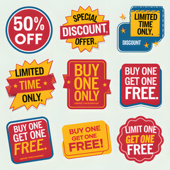 Set of Discount and Promotion Tags: 50% Off, Buy One Get One Free, Limited Time Offers