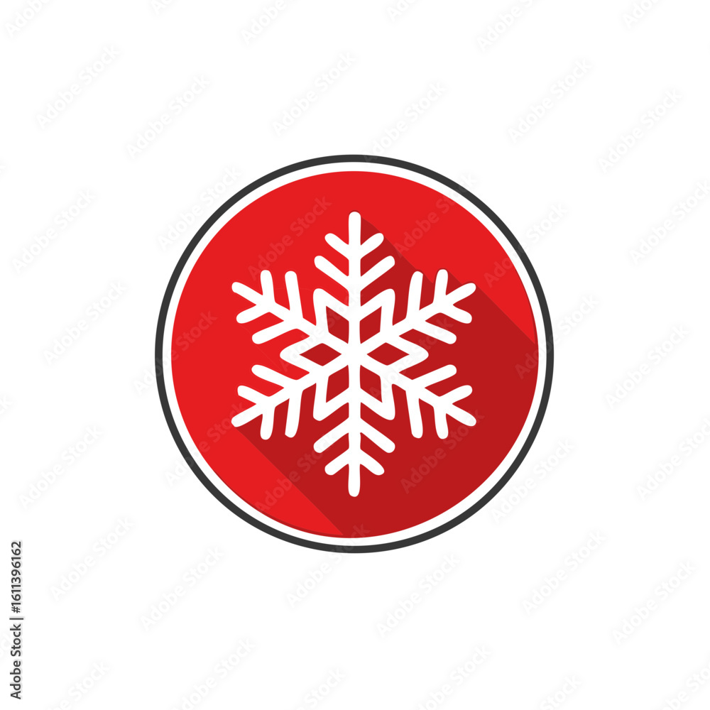 Poster flat design snowflake icon on red circular button with long shadow winter symbol