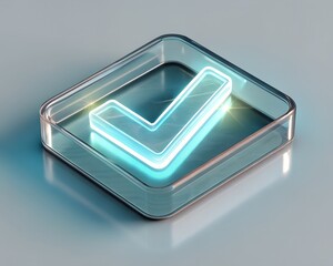 A glowing neon checkmark inside a transparent glass square on a light background