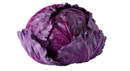 A vibrant red cabbage, isolated on transparent background, showcases its intricate leaf structure and deep purple hues, perfect for healthy culinary creations