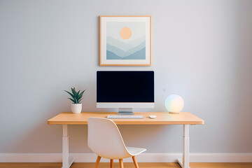 Minimalist Home Office Desk with Computer and Soft Lighting
