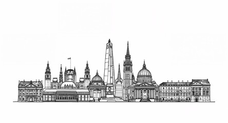 Fototapeta premium Black ink line sketches of famous landmarks on plain white background