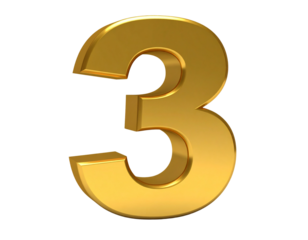 Shiny golden number 3 with metallic finish, isolated on white background PNG