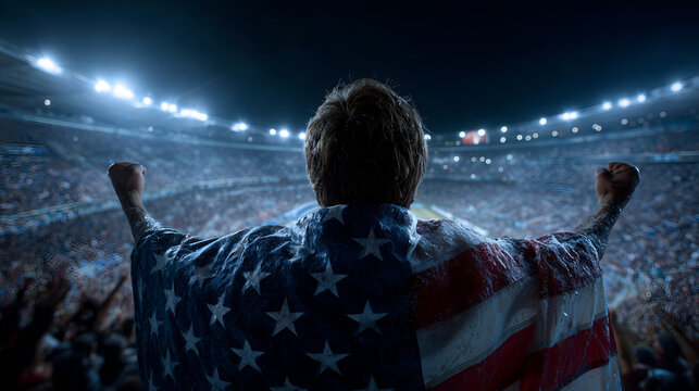 Victorious fan celebrates championship with American flag in packed stadium at night