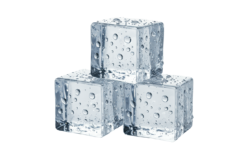 Three translucent ice cubes, two stacked, one leaning, covered in pristine water droplets, melt puddles, and delicate splashes, on a transparent glossy surface with an isolated studio background,