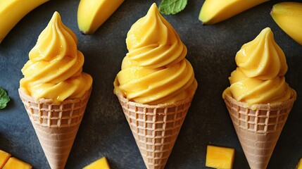 Mango or Banana Ice Cream in Sugar Cone Isolated on Transparent Background 