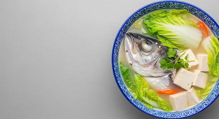 Fresh Asian Fish Soup with Vegetables and Herbs in Blue Ceramic Bowl