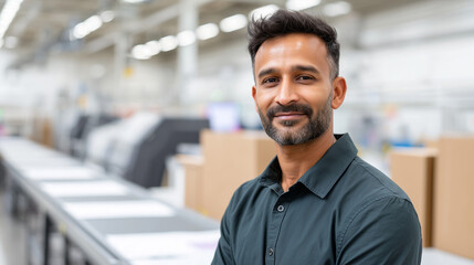 A confident individual smiling at the camera in a warehouse environment. The setting suggests productivity and business operations