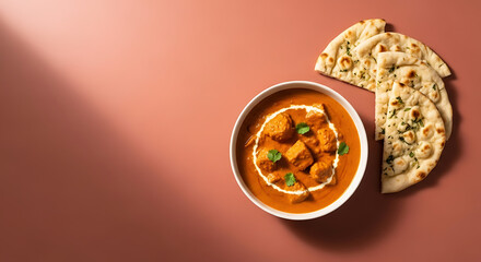 Traditional Indian Curry with Homemade Naan Bread on Terracotta Background
