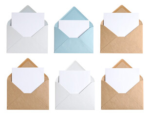 Assorted open envelopes with blank cards neatly arranged on white background PNG
