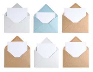Assorted open envelopes with blank cards neatly arranged on white background PNG
