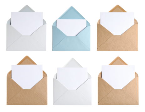 Assorted open envelopes with blank cards neatly arranged on white background PNG
