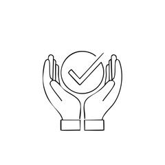 Fototapeta premium Hands Cupping Check Mark Inside Circle Simple Outline Illustration Representing Approval or Success