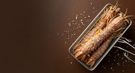 Salted Mantis Shrimp on Metal Tray with Sea Salt on Dark Background
