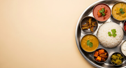 Traditional Indian Thali Platter with Rice and Assorted Curries