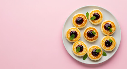 Mini Tartlets with Custard Berries and Herb Garnish on Pink Background