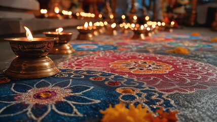 Gokulashtami celebration with baby Krishna footsteps on rangoli, traditional cradle, diya lamps and temple bells, Hindu festival decor, 4k image