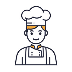 Chef character smiling in uniform with chef hat and apron  