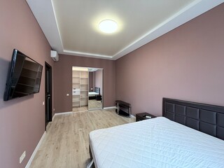 Modern bedroom with TV, walk-in closet and soft lighting
