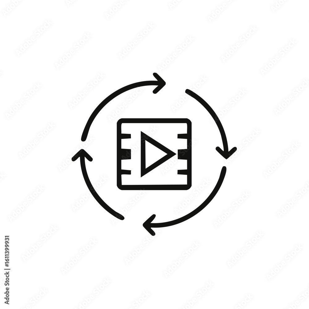 Poster circular arrows around play button icon representing video loop or repeat function