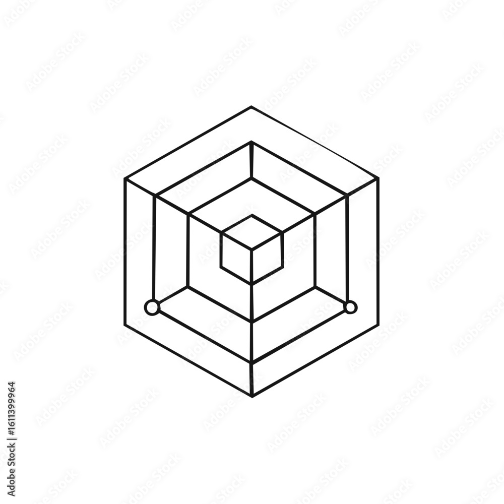 Poster abstract geometric cube structure with concentric square frames and spherical nodes