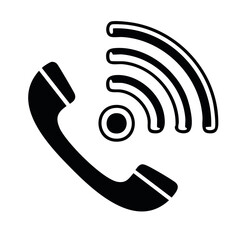 Black telephone receiver icon with radiating wireless signal waves representing communication or incoming call