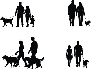 Silhouettes of people walking dogs, family and couples strolling with pets outdoors, dog walking, leisure, companionship, park activity