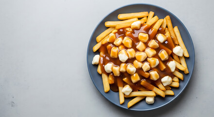 Classic Poutine: French Fries with Cheese Curds and Gravy on Plate