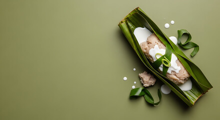 Traditional Japanese Osechi in Banana Leaf with Coconut Cream on Green Background