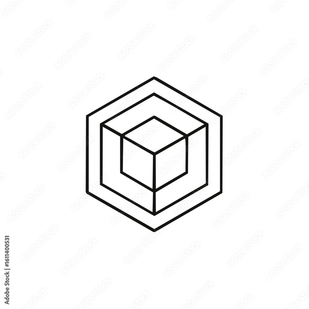 Poster abstract geometric cube nested within hexagons optical illusion line art