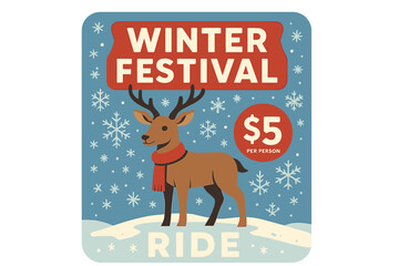 Naklejka premium Retro poster of an old fashioned reindeer sleigh with hand lettering and vintage hand drawn typography featuring a reindeer silhouette, advertising winter entertainment for the whole family