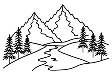 Obraz premium Smooth Line Art Mountain Landscape with Tall Pine Trees