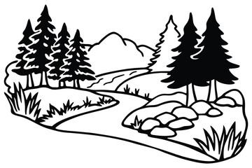 Obraz premium Serene River Landscape Smooth Line Art Vector Illustration