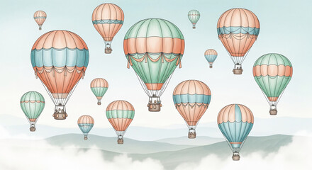 Pastel-colored hot air balloons float above a misty landscape, creating a serene and whimsical scene, symbolizing adventure, freedom, and lightheartedness