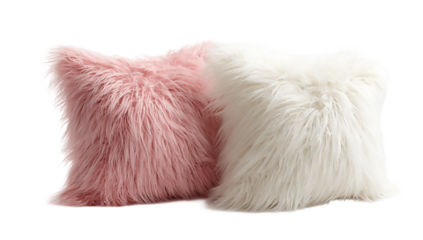 Two fluffy pillows, one pink and one white, are isolated on transparent background, creating a cozy and stylish atmosphere in any space