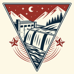 Night Mountain Waterfall Dam Scene Illustration
