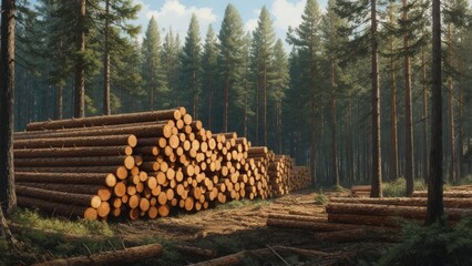 Sunlit forest scene with stacks of neatly piled logs