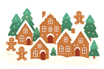 Vector illustration of a Christmas background featuring gingerbread houses, candy, and small men