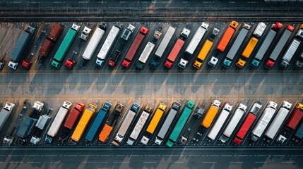 Numerous Trucks Parked on Busy Urban Street Creating a Bustling Industrial Scene with Clear Blue Sky