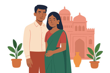 Obraz premium Vector illustration of a cute couple, the bride and groom, in traditional Indian dress as cartoon characters on a wedding invitation card
