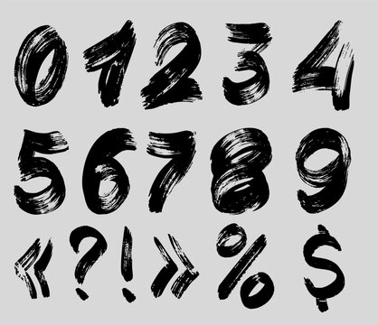 Grunge brush stroke numbers with rough texture. Bold, hand drawn digits in modern graffiti style. Dirty, dry brush lines create a raw, edgy look. Vector format, expressive and bold.