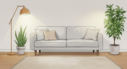 ホワイト　リビングルームの水彩画