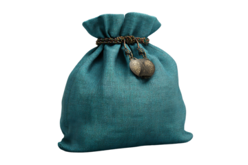 A turquoise burlap sack with a drawstring closure, isolated on transparent background