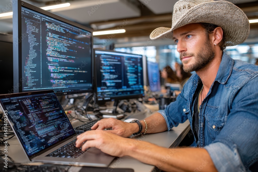 Poster cowboy coder working on a laptop in a modern office environment