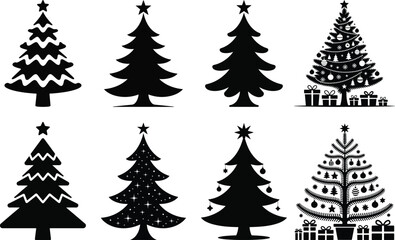 Fototapeta premium Set of Christmas Tree Silhouettes with Decorations and Gifts Vector