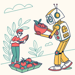Person and Robot Harvesting Fresh Produce Outdoors