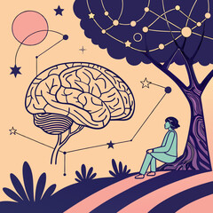 Person Contemplating a Large Brain Underneath a Starlit Tree