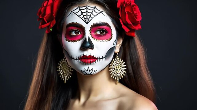 Studio portrait of a model wearing traditional dia de muertos makeup and red roses in her hair